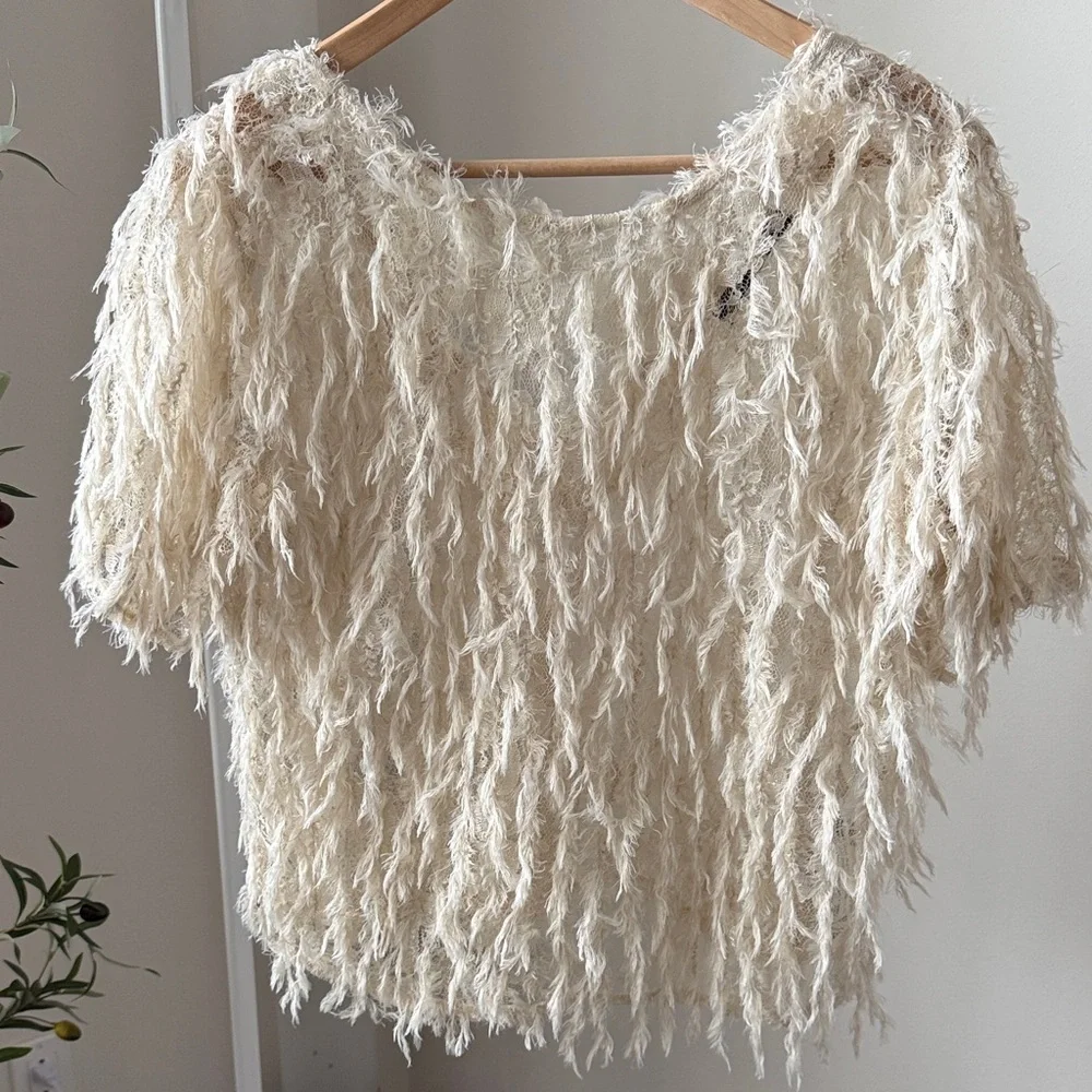 Zara Cream Textured Fringe Short-Sleeve Top Size M